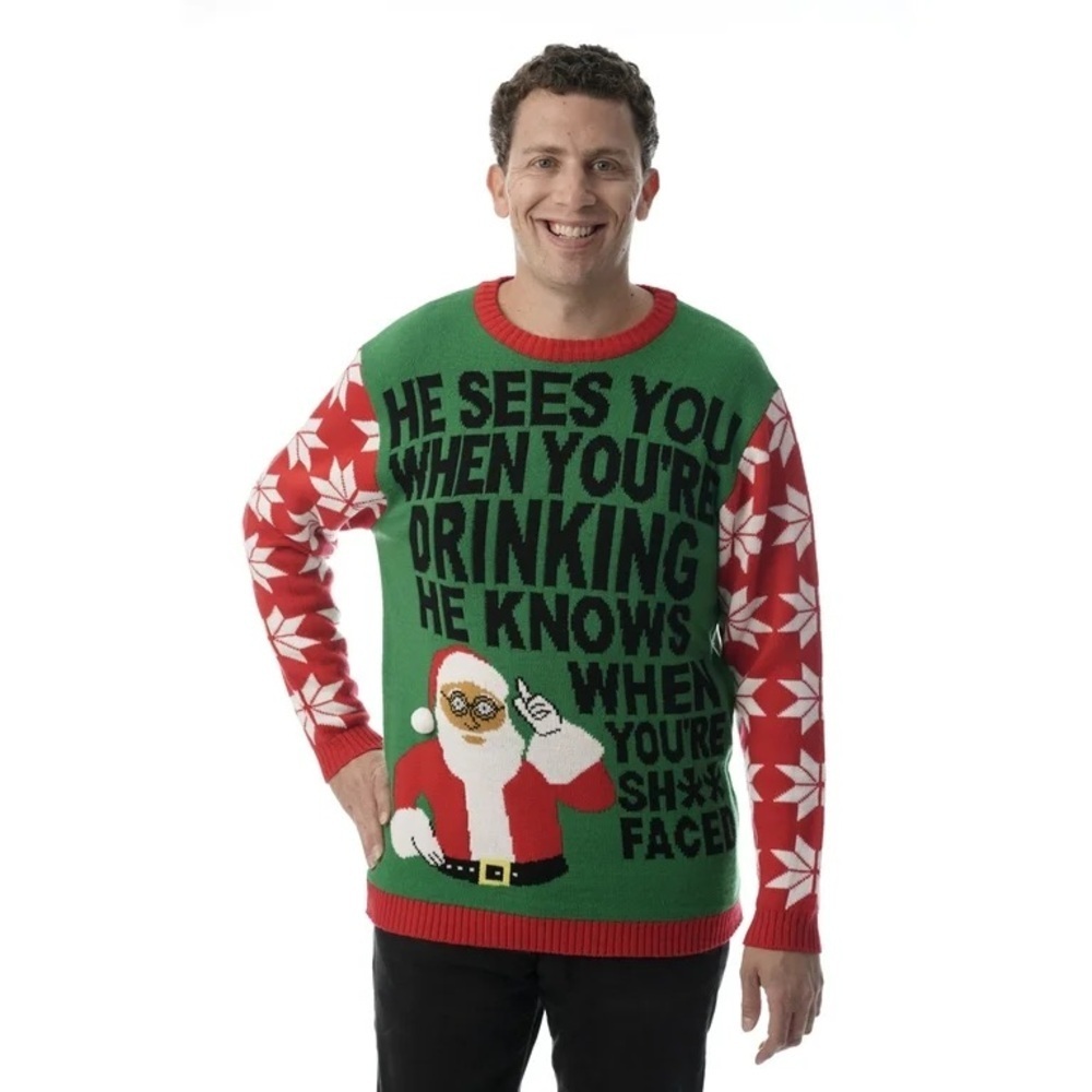 Mens Ugly Christmas Sweater Green & Red - “Santa Sees You…”Size XL
